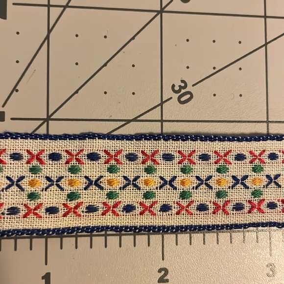 Patterned jacquard trim, beige background, blue edging, colorful crosses & dots - Picture 2 of 4
